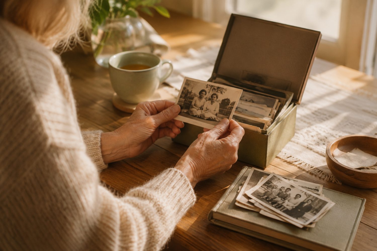 Hands gently sorting keepsakes in a calm, light-filled home corner.