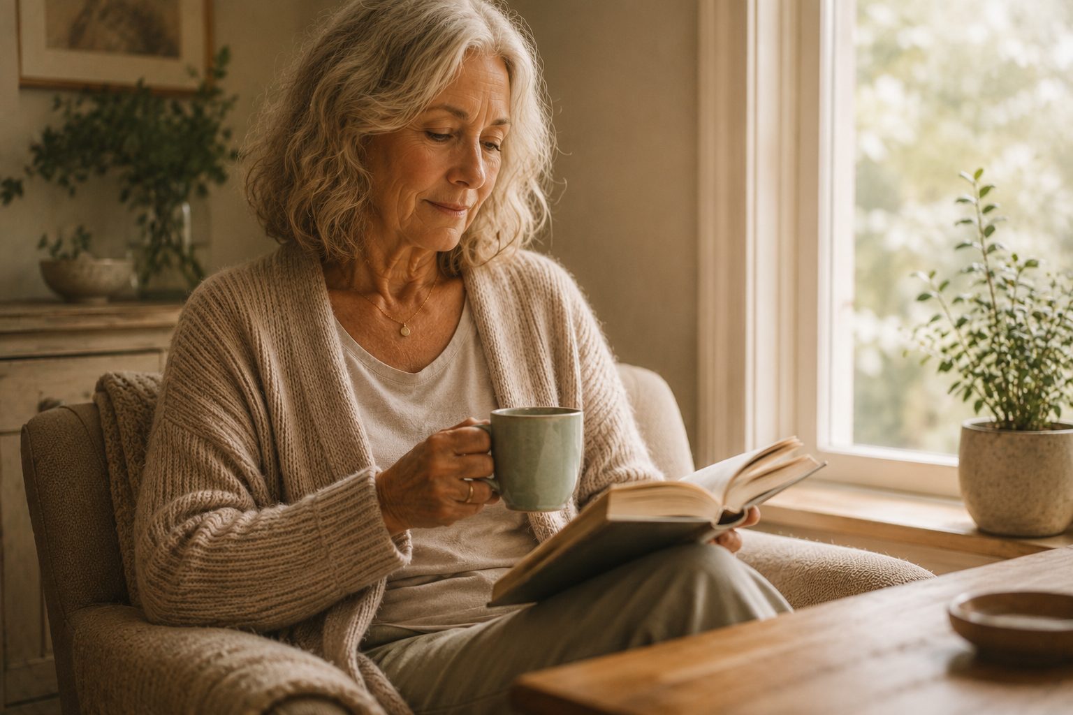 An older woman sitting by a sunlit window, reading a book with a warm cup of tea in hand.